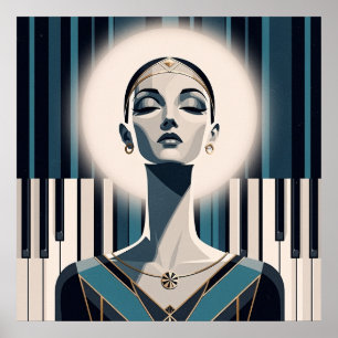 Póster Nocturno en Verde Acuario: Retrato de Piano Art Dé