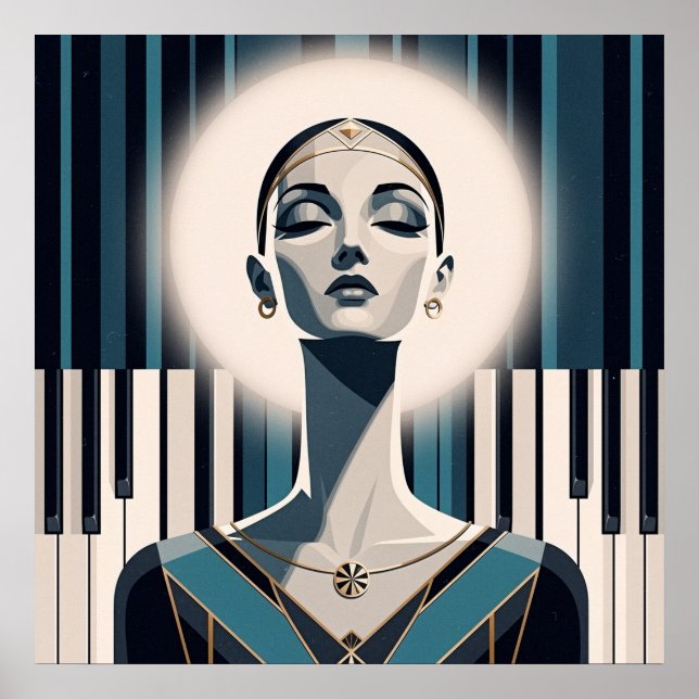 Póster Nocturno en Verde Acuario: Retrato de Piano Art Dé (Frente)