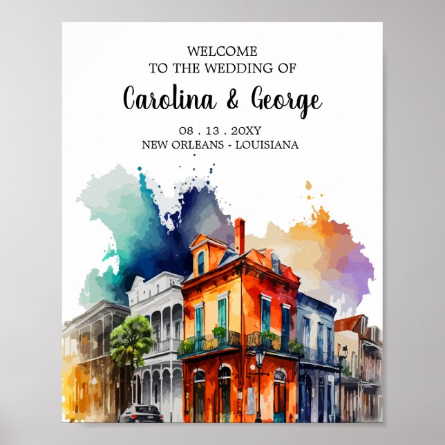 Póster Nola de Nueva Orleans - Bienvenida Boda de acuarel (Frente)