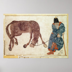 Póster Nómada mongol que lleva su caballo el agua