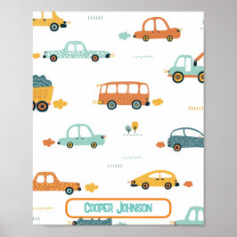 Póster Nombre de coche personalizado pastel azul y naranj