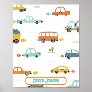 Póster Nombre de coche personalizado pastel azul y naranj