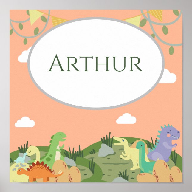 Póster Nombre de dinosaurio Personalizado Niños de enferm (Frente)