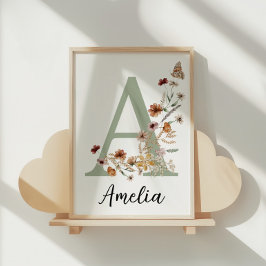 Póster Nombre de guardería de niña boho con flor silvestr