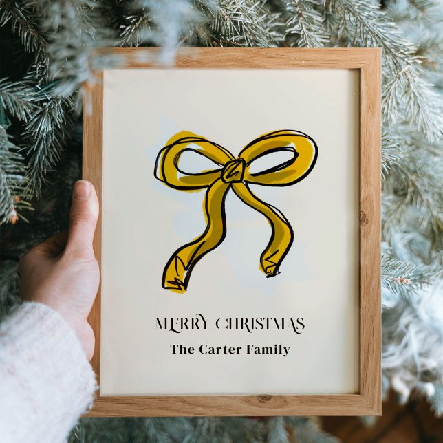 Póster Nombre de la familia de Ilustraciones de vaca amar (Golden yellow ribbon bow Christmas holiday sketch illustration personalized art print poster.)