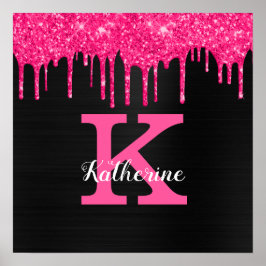Póster Nombre de Monograma con Brillo Rosa Fucsia de Chic