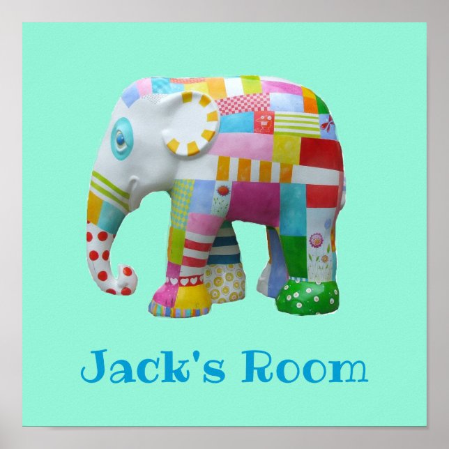 Póster Nombre de niño Juguete lindo elefante de patchwork (Frente)
