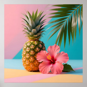 Póster Nombre de verano Floral Hawái Piña y Hibisco