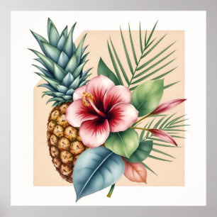 Póster Nombre de verano Floral Hawái Piña y Hibisco