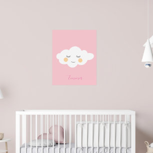 Póster Nombre del bebé Sleepy Kawaii Cloud Pastel Rosa