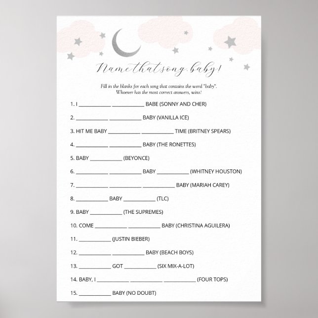 Póster Nombre el juego de Baby Shower de la canción (Frente)