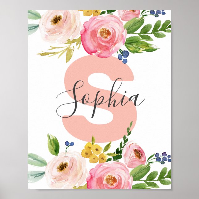 Póster Nombre floral Chica bebé enfermera Boho personaliz (Frente)