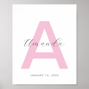 Póster Nombre inicial rosado personalizado