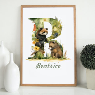 Póster Nombre Monogramado Nursery Poster Woodland Letra B