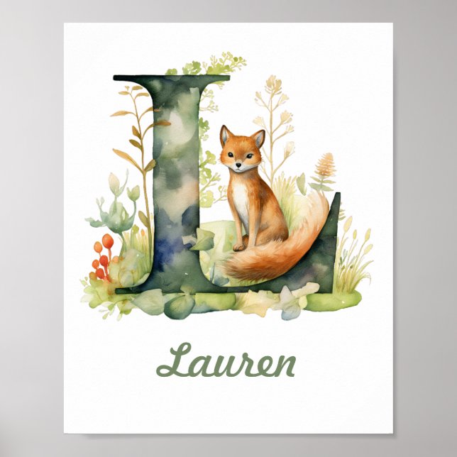 Póster Nombre Monogramado Nursery Poster Woodland Letra L (Frente)