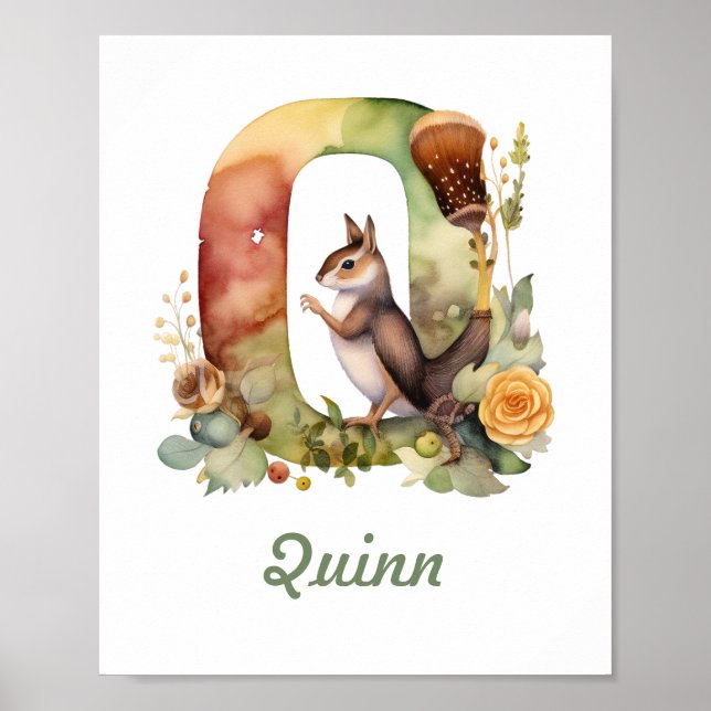 Póster Nombre Monogramado Nursery Poster Woodland Letra Q (Frente)