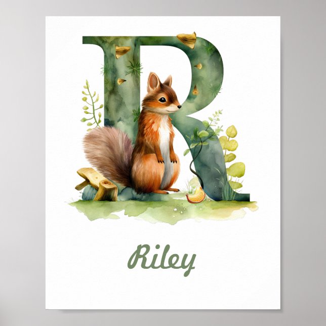 Póster Nombre Monogramado Nursery Poster Woodland Letra R (Frente)