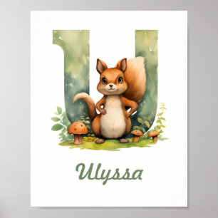 Póster Nombre Monogramado Nursery Poster Woodland Letra U