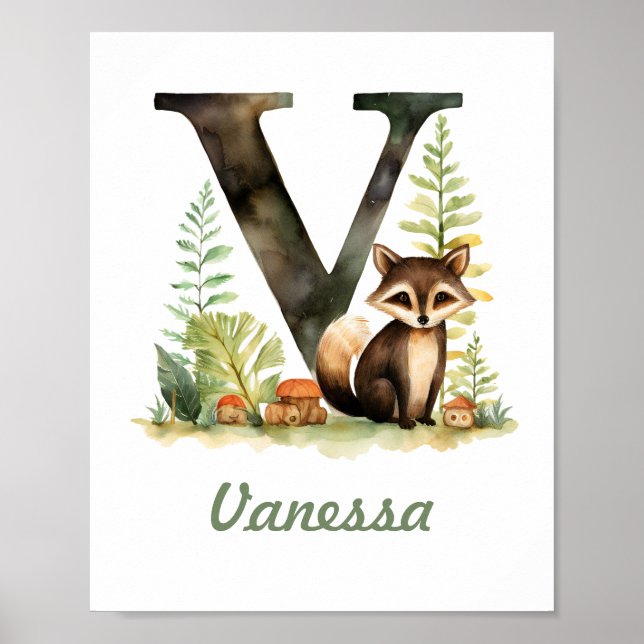 Póster Nombre Monogramado Nursery Poster Woodland Letra V (Frente)