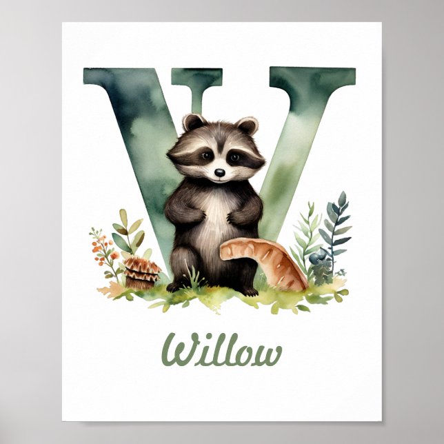 Póster Nombre Monogramado Nursery Poster Woodland Letra W (Frente)