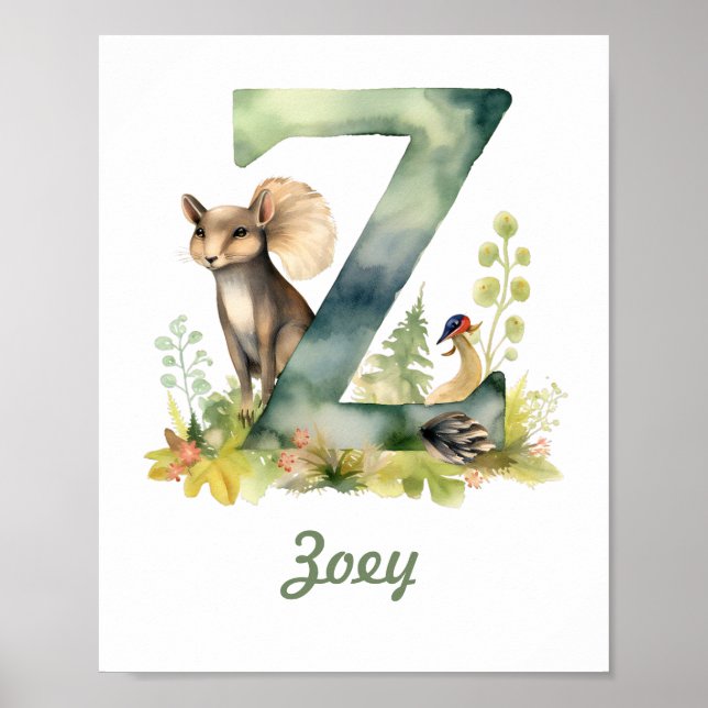 Póster Nombre monogramado Nursery Poster Woodland Letra Z (Frente)