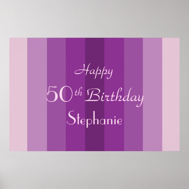 Póster Nombre Personalizado, 50 Cumpleaños Raya Morada (Frente)
