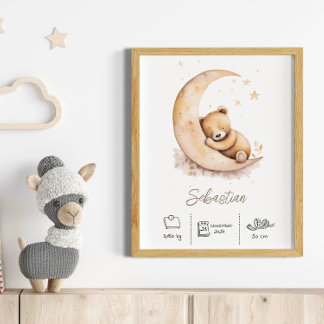 Póster Nombre personalizado acuarela Teddy Bear Nursery