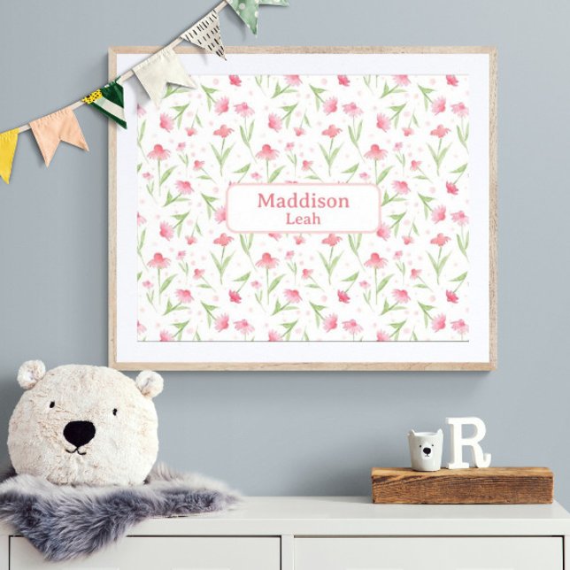 Póster Nombre personalizado Art Watercolor Floral Nursera (Customize name! Shown with white mat and wood frame. (you will receive print only) Thank  you!)