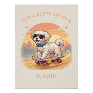 Póster Nombre personalizado Cool Maltese perro Skateboard