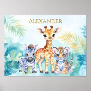 Póster Nombre personalizado cría de cebra jirafa y tigre 
