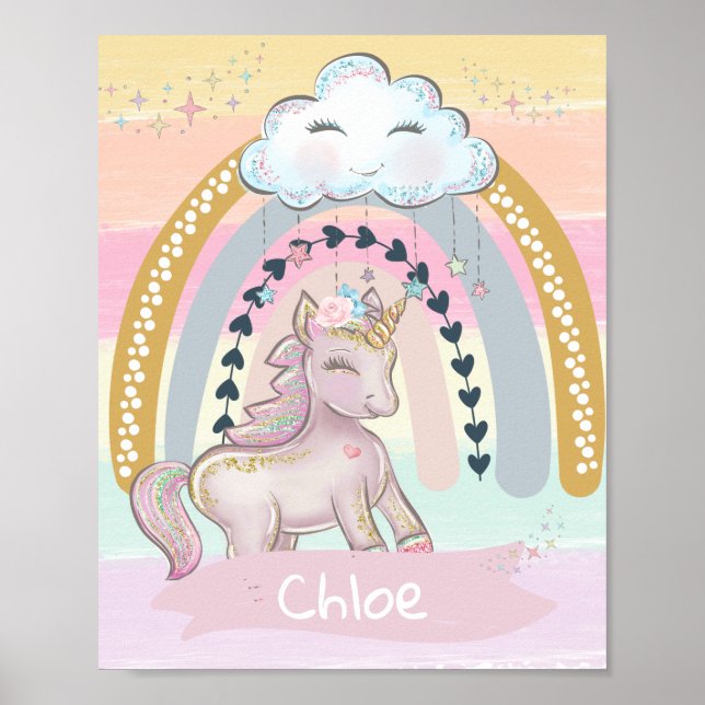 Póster 🦄 nombre personalizado de Chica de unicornio arco (Frente)
