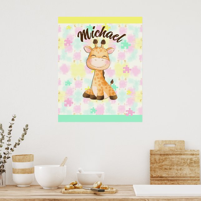 Póster Nombre personalizado de Pastel Giraffe (Cocina)