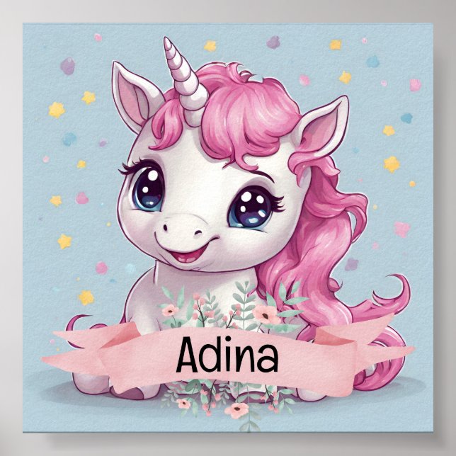 Póster Nombre personalizado de Unicornio, bebé rosa mágic (Frente)