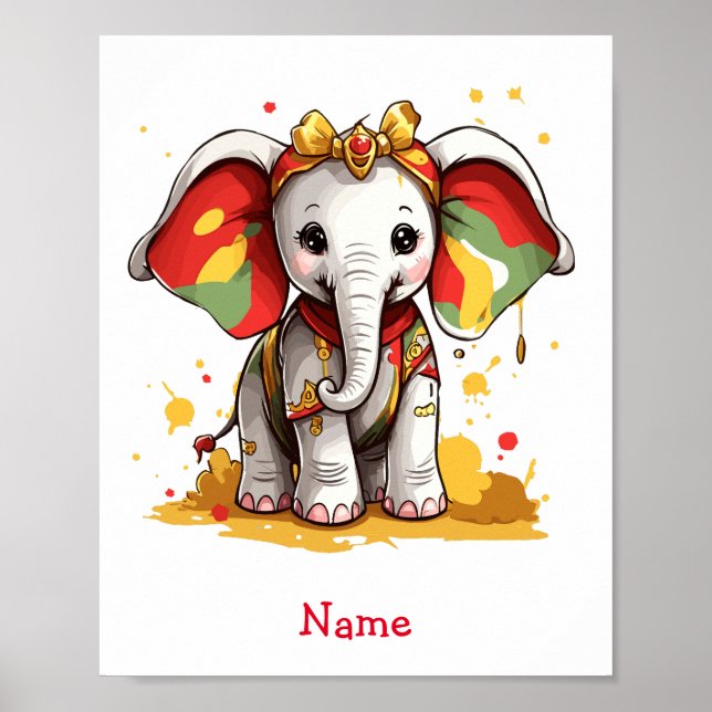 Póster Nombre personalizado del elefante de bebé lindo (Frente)