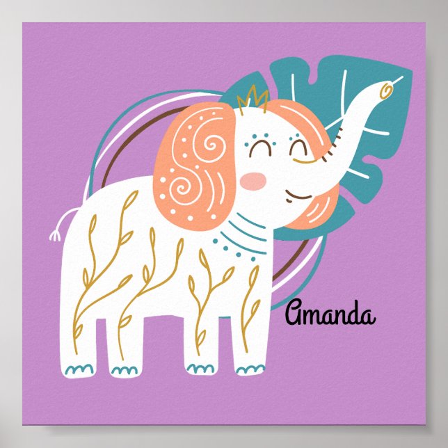 Póster Nombre personalizado del pequeño elefante Boho (Frente)