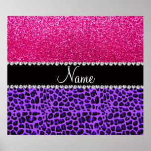 Póster Nombre personalizado leopardo morado neón purpurin