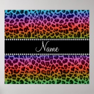 Póster Nombre personalizado patrón de leopardo arco iris