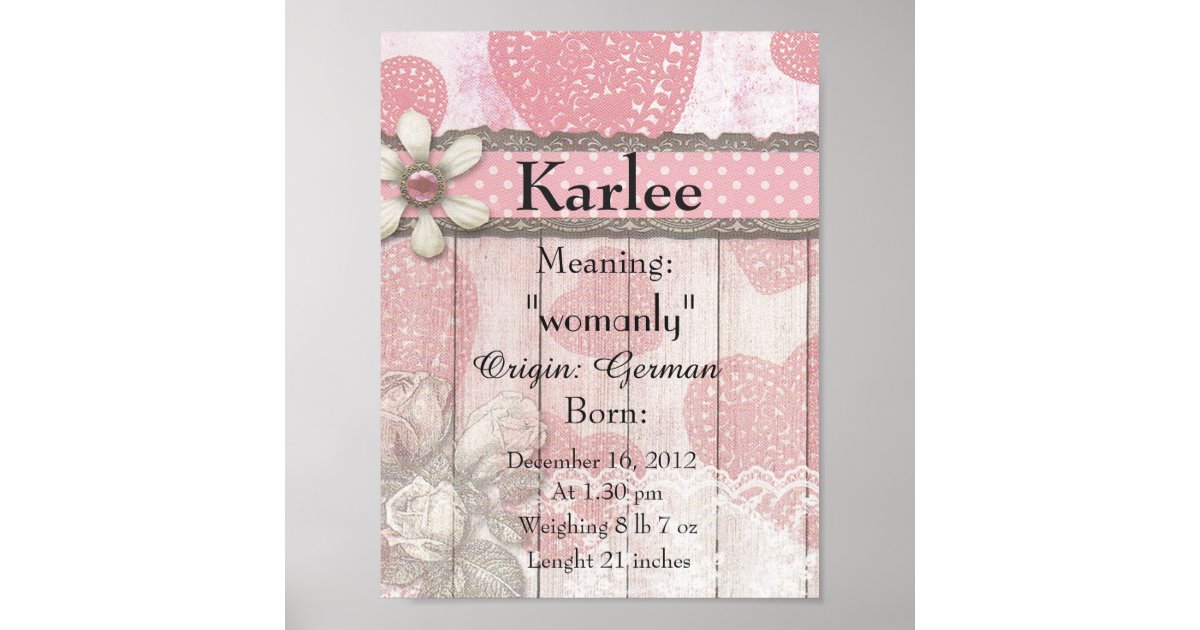 Póster Nombre que significa keepsake nursery Karlee Zazzle.es