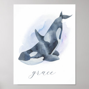Póster Nombre Texto Blanco Ballena Asesina Orca Acuarela 