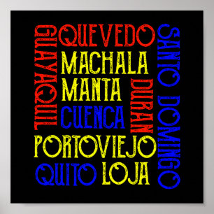 Póster Nombres de ciudades de Ecuador Quito Guayaquil Nac