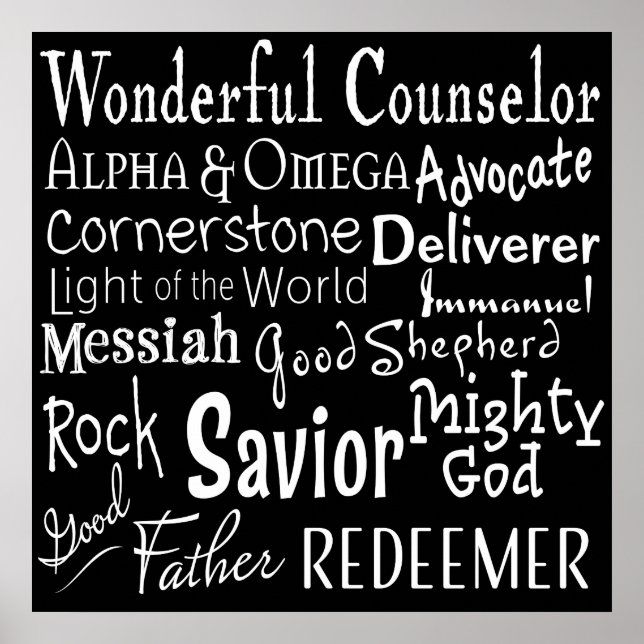 Póster Nombres de Dios de la Biblia en blanco y negro (Frente)