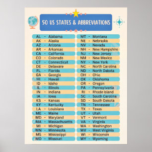 Póster ★ Nombres de los 50 estados de EE. UU. y abreviatu