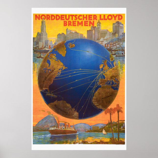 Póster Norddeutscher Lloyd Bremen Alemania 1920 Vintage (Frente)