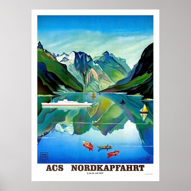 Póster Nordkapp, Noruega, velero, paisaje montañoso (Frente)