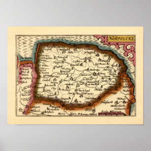 Póster Norfolk "Norfolcke" Condado de Inglaterra Mapa del