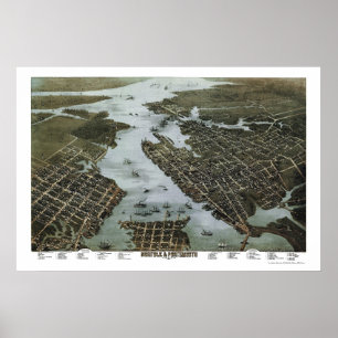 Póster Norfolk y Portsmouth, VA Panoramic Map - 1873