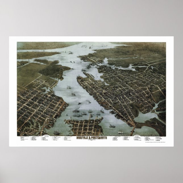 Póster Norfolk y Portsmouth, VA Panoramic Map - 1873 (Frente)