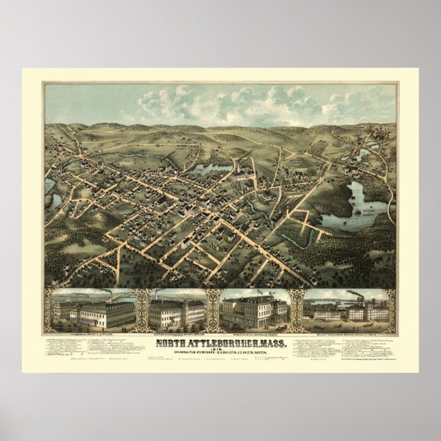Póster North Attleboro, MAMÁES Mapa Panorámico - 1878 (Frente)