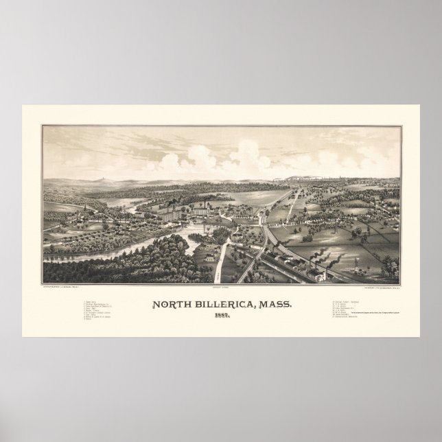 Póster North Billerica, MA Panoramic Map - 1887 (Frente)