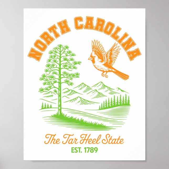 Póster North Carolina Tar Heel State Cardinal Pine Tree  (Frente)